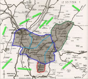 Légende de la carte : Bleu roi : secteur 1 en 1944. Bleu ciel : limite des trois sous-secteurs cité ci-dessus (la "poche" de Bourg d'Oisans sera ajoutée début 1944). Rouge : région ajoutée au printemps 1944. Vert foncé : région ajoutée au secteur 1 en mai 1944. Vert clair : les secteurs voisins de l'armée secrète.